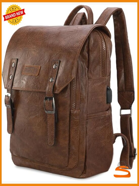 Vegan Leather Laptop Backpack with USB Charging Port, 17.3\